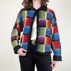 Vintage Rainbow Wool Cotton Cardigan Sweater Oversized Patchwork Eclectic Pride